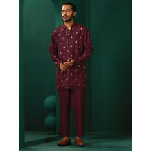 trueBrowns Men's Wine Embroidered Kurta with Pant (Set of 2)