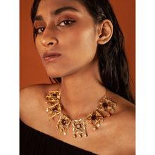 Dhwani Bansal Geometric Gold Plated Mori Necklace Set with Square Cut Brown Quartz