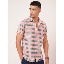 HIGHLANDER Men Pink Horizontal Stripes Slim Fit Casual Cotton Shirt