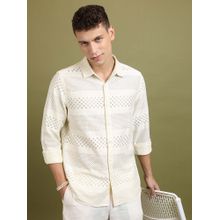 HIGHLANDER Men Off White Relaxed Fit Self Design Crochet Shirt