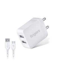 FINGERS PA-DualUSB Power Mobile Adapter with Type-C Cable (BIS Certified | Matte White)