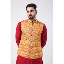 ETHNIC INDIA Geometric Polyester Yellow Regular Straight Bundi Nehru Jacket