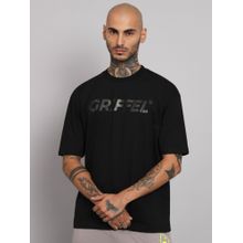 Griffel Men Printed Black Loose Fit Cotton T-Shirt