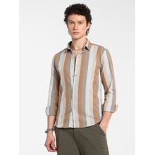 Campus Sutra Men's Copper Brown and Peanut Brown Block-Striped Shirt