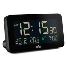 Braun Digital Alarm Clock with Date, Month and Temperature Displayed in Black