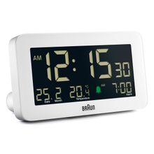 Braun Digital Alarm Clock with Date, Month and Temperature Displayed in White