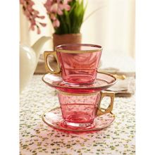 Pure Home + Living Light Red Straight Glass Gold Rim Tea Cups Saucers