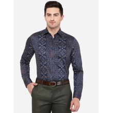 JB Studio Men Dark Blue Cotton Slim Fit Printed Formal Party Wear Shirt