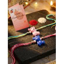 LUCKY JEWELLERY Cute Teddy Bear Pink Blue with White Beads Kids Rakhi (Pack of 2)