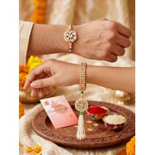 LUCKY JEWELLERY Bhaiya Bhabhi Floral Kundan Green White Beads Rakhi Set (Pack of 2)