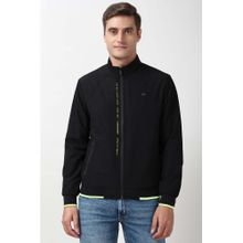 Peter England Men Black Typography Print Biker Jacket