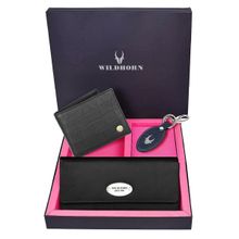 WILDHORN Premium Leather Ladies Wallet, Mens Wallet and Keychain Gift -1K_BK_2052BKCR_K (Set of 3)