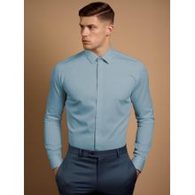 HE SPOKE Blue Formal Concealed Placket 2 Way Stretch Shirt
