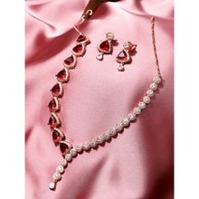 Voylla American Diamond CZ Rose Gold Plated Pearl Necklace Red Stone (Set of 3)