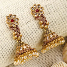 Priyaasi Red Kundan Beads Gold Plated Floral Jhumka Earring