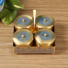 NAKSHIKATHAA Dohar Brass Condiment Jars With Tray,Spoon Holder & Spoon (Blue)