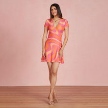 Twenty Dresses by Nykaa Fashion Pink And Orange Wave Print Overlapping V Neck Short Dress