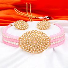 Sukkhi Glimmery Gold Plated Pink & White Pearl Choker Necklace Set For Women