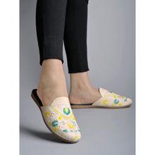 Shoetopia Embroidered Detailed Cream Flat Mules For Women & Grils