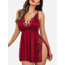 FIMS Women Red Satin Babydoll Lingerie Nightwear Dress with Thong (Set of 2)