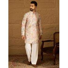 ETHNIC BAY Men Off White Viscose Rayon Floral Printed Straight Kurta with Pyjama