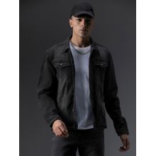 High Star Washed Spread Collar Long Sleeves Black Denim Jacket