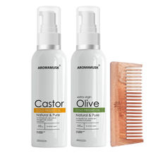 AromaMusk Organic 100% Pure Cold Pressed Castor & Olive Oil with Wide Tooth Neem Wood Comb