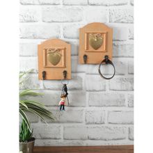 AAPNO RAJASTHAN Light Orange Hand painted Wall Hooks with Brass Heart Accent-2 Hooks