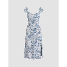 Cider Toile De Jouy Ruffle Trim Slit Midi Dress