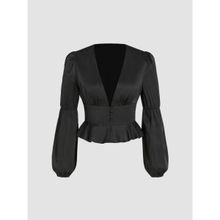 Cider Satin V Neck Ruffle Long Sleeve Crop Top