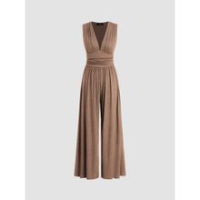Cider Brown V-Neck Ruched Solid Wide Leg Jumpsuit
