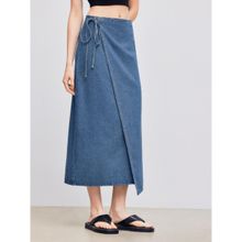 Cider Blue Denim Mid Rise Solid Knotted Midi Skirt