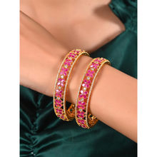 Ratnavali Jewels Gold Plated Red American Diamond Cz Floral Kada Bangle