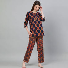 Jaipur Kurti Women Navy Blue Print Straight Cotton Short Kurta With Pyjamas (Set Of 3)