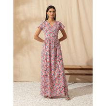 Likha White V Neck Fit & Flare Printed Cotton Maxi Dress LIKDRS25