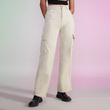 MIXT by Nykaa Fashion Off White Solid Straight Fit Cargo Denims