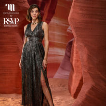 Nikita Mhaisalkar Black and Gold Striped Foil Print V Neck Aline Maxi Dress