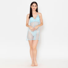 Clovia Sheer Babydoll With G-string In Blue- Lace