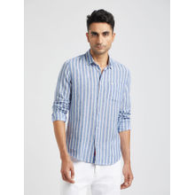 THE BEAR HOUSE Men Blue Vertical Striped Slim Fit Cotton Linen Casual Shirt