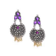 Infuzze Oxidised Silver-Toned & Purple Stone-Studded Circular Drop Earrings