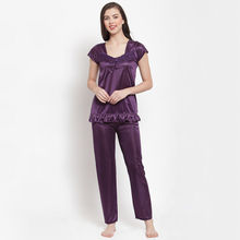 Secret Wish Women's Satin Dark Purple Solid Nightsuit (Free Size)