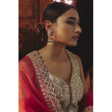 KARISA DESIGNS Green Apsara Kundan Pearls and Beads Jhumkas