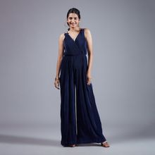 Twenty Dresses by Nykaa Fashion Navy Blue Solid Double Strap Wide Leg Jumpsuit