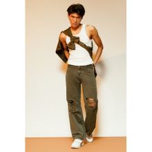 FREAKINS Men's Distressed Wide Olive Jeans