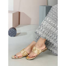 Iconics Women Gold Slip-On Square Toe Kolhapuris