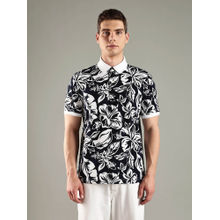 Tommy Hilfiger Men Navy Blue Floral Printed Regular Fit Cotton Polo T-shirt