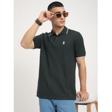 R&B Men Olive Textured Polo T-Shirt