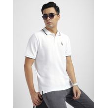R&B Men White Textured Polo T-Shirt