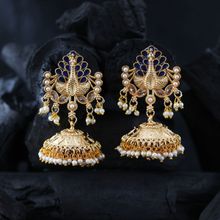 Priyaasi Fancy Stylish Gold-plated Peacock Style Stone Studded Jhumka With Bead Drop -ear-pr-50495
