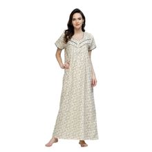 Sweet Dreams Women Printed Half Sleeves Pure Cotton Maxi Nightdress - Off White